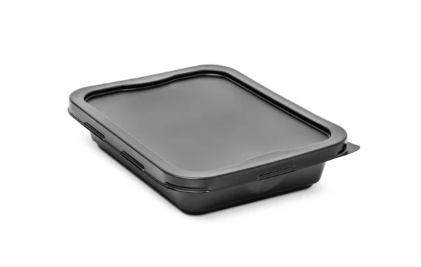 Caixa de plástico preto para almoço fast food isolado no fundo branco — Fotografia de Stock