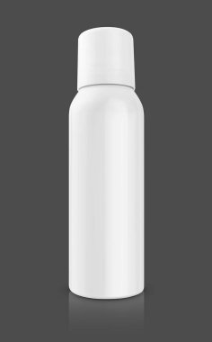 Sağlık hizmetleri ürün tasarımı için beyaz alüminyum sprey şişesi boş ambalaj yolu ile gri arkaplanda izole edilmiş bir maket.