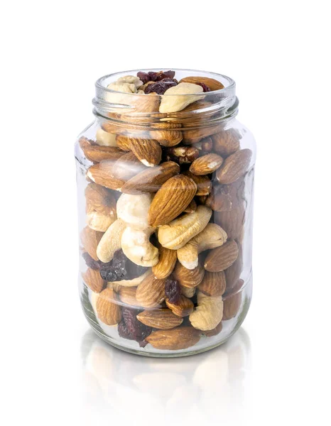 Clear Glass Bottle Mixed Nuts Healthy Organic Food Isolated White — Stock Photo, Image