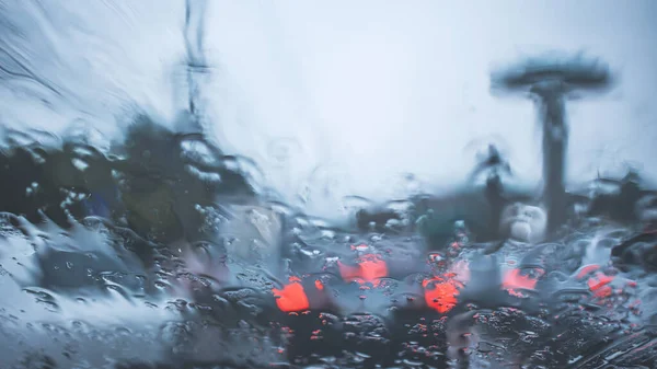 Driving Car Road Rain Raindrop Wind Shield Traffic Jam Rainy — Stock Photo, Image