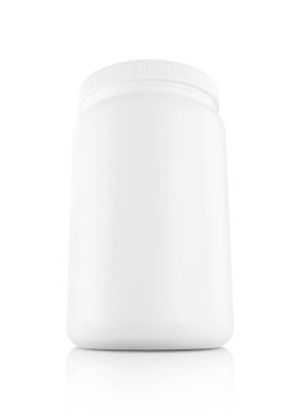 Boş ambalaj beyaz plastik şişe whey protein takviye ürün tasarımı için izole beyaz arka plan kırpma yolu ile izole
