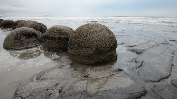 Impresionantes rocas Moeraki en las olas del Océano Pacífico — Vídeo de stock