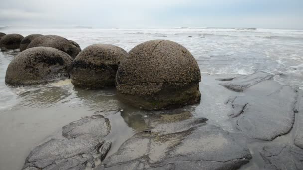 Beeindruckende Moeraki-Felsbrocken in den Wellen des Pazifiks — Stockvideo