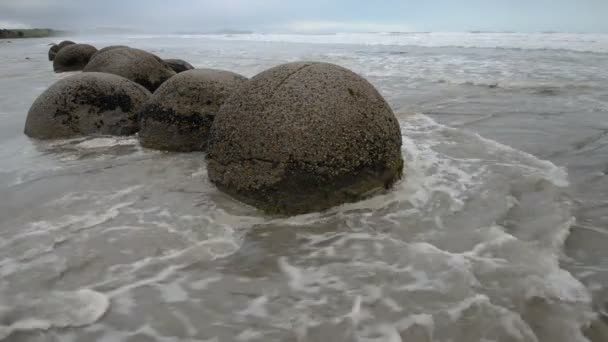 Indrukwekkende Moeraki boulders in de Stille Oceaan golven — Stockvideo
