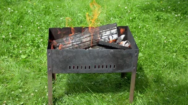 Vista das línguas de fogo no churrasco do jardim — Vídeo de Stock