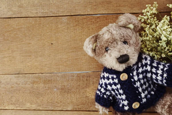 Teddybeer Ruimte Kopiëren Achtergrond Houten Achtergrond — Stockfoto