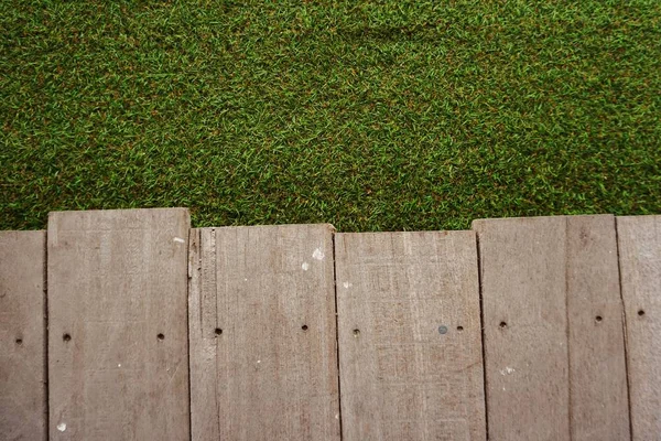 Top View Space Copy Wooden Board Wtih Green Plant Background — Stock Photo, Image