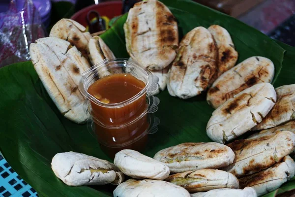 Plátano Parrilla Con Salsa Coco Postre Tailandés — Foto de Stock