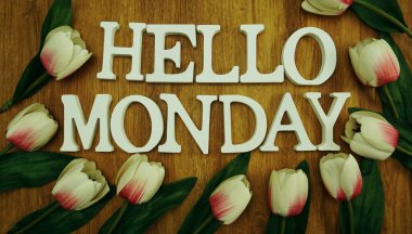 Merhaba Pazartesi alfabesi harfi alanı kopyası üzerinde ahşap arka plan ile