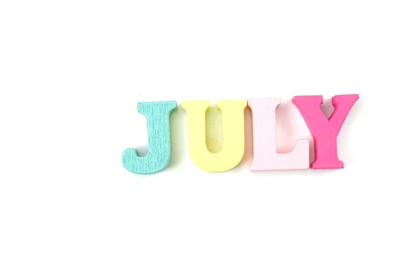 Beyaz Arka Plan Üzerinde Izole Renkli Temmuz Kelime Harf Alfabe — Stok fotoğraf
