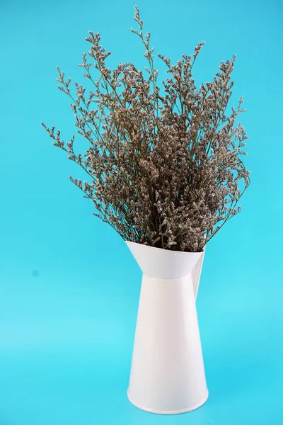 Caspia Tørket Blomsterbukett Metallvase Med Blå Bakgrunn – stockfoto