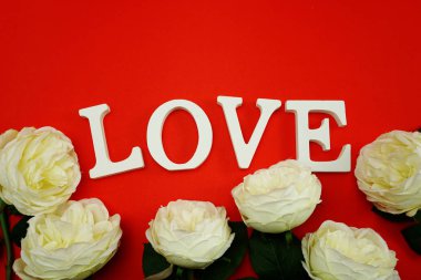 Sevgililer günü kavramı kırmızı zemin üzerine beyaz çiçekli alfabe seviyorum
