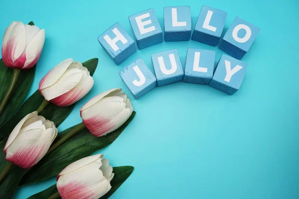 Hello July Alphabet Letter Blue Background — Stock Photo, Image
