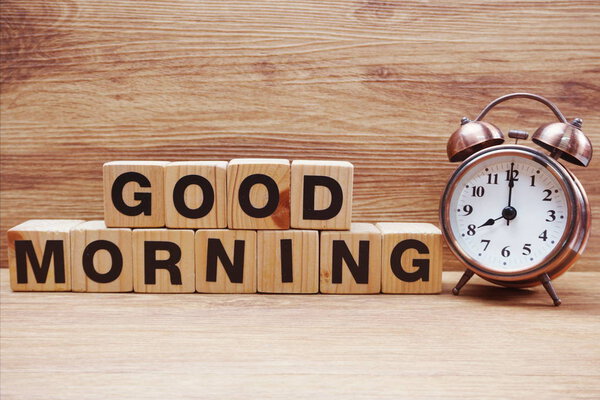good morning wooden letter alphabet on wooden background