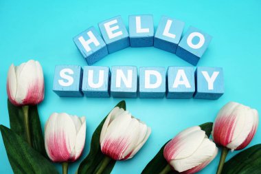 mutlu Pazar kelime alfabesi harfleri üstten görünüm Lale çiçek dekorasyonu ile