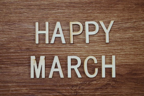 Happy March Letras Alfabeto Sobre Fundo Madeira — Fotografia de Stock