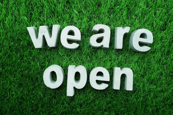 Biz are açık beton alfabe üstten görünüm yeşil çimenlerin üzerinde yapılan