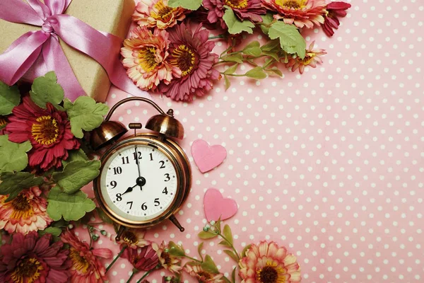 Vintage Alarm Clock and Pink Heart with space copyvalentine\'s day background