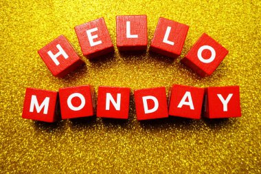 Merhaba Altın glitter arka plan üzerinde Pazartesi alfabe harfi