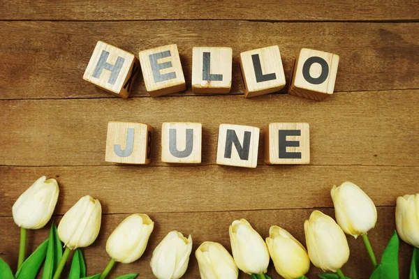 Hello June alphabet letters on wooden background