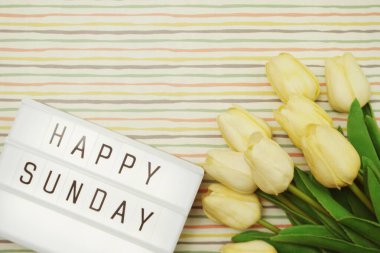 Üstten Mutlu Pazar Metin Işık kutusu düz lale çiçek buketi ile yatıyordu