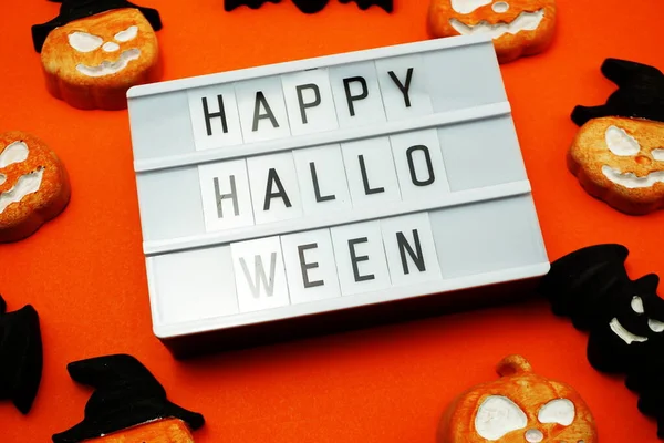 Top View Happy Halloween Word Light Box Flat Lay — Stock fotografie