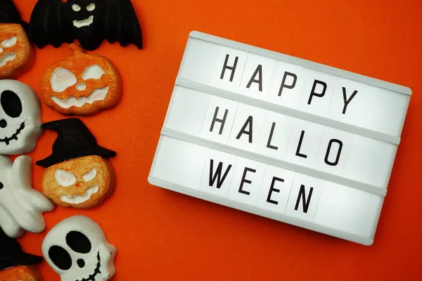 Top View Happy Halloween Woord Lichtbak Plat Lay — Stockfoto