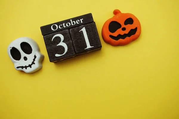 Halloween Oktober Met Schedel Pompoen Versieren Met Ruimte Kopie Gele — Stockfoto