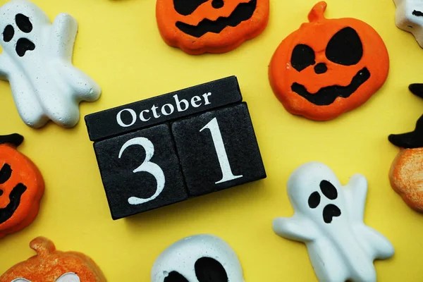 Halloween Oktober Met Schedel Pompoen Versieren Met Ruimte Kopie Gele — Stockfoto