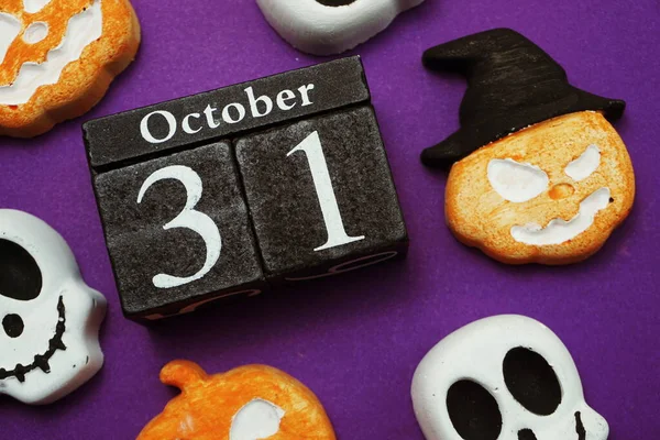 Halloween Oktober Met Schedel Pompoen Versieren Met Ruimte Kopie Paarse — Stockfoto
