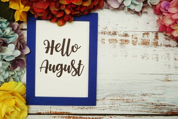 Hello August Card Colorful Flowers Border Frame Wooden Background — Stock Photo, Image