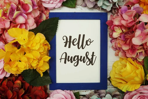 Hello August Card Colorful Flowers Border Frame Wooden Background — Stock Photo, Image