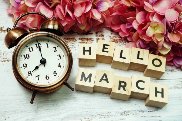 Hello March Alarm Clock Wooden Background — Stock Photo, Image