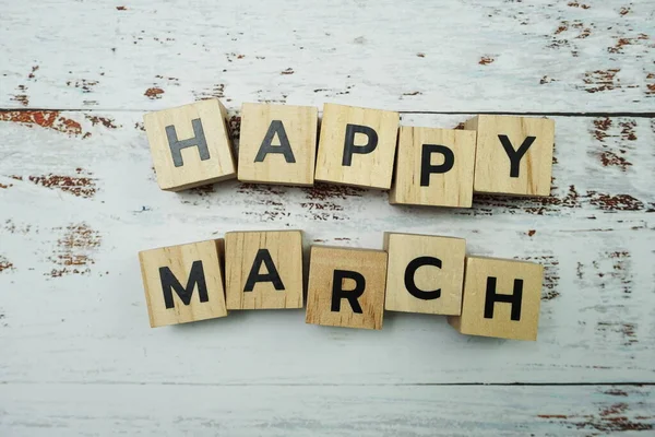 Happy March Alfabet Letters Met Spatie Kopie Houten Achtergrond — Stockfoto