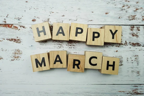 Happy March Alphabet Buchstaben Mit Leerzeichen Auf Holzgrund — Stockfoto