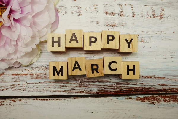 Happy March Alphabet Letters Wooden Background — Stock Photo, Image