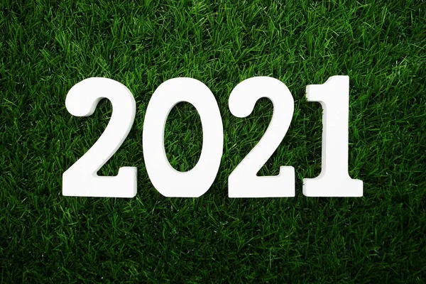 Feliz Ano Novo 2021 Carta Plana Colocar Fundo Grama Verde — Fotografia de Stock