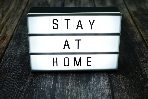 Stay Home Word Letter Light Box Wooden Background — Stock Photo, Image