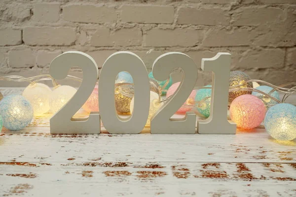 Happy New Year 2021 Festive Background Space Wooden Background — Stock Photo, Image