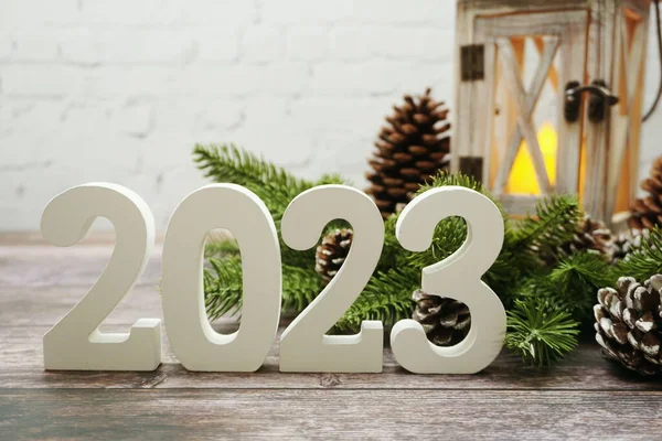 2023 Feliz Ano Novo Com Lanterna Natal Decorativo Com Cópia — Fotografia de Stock