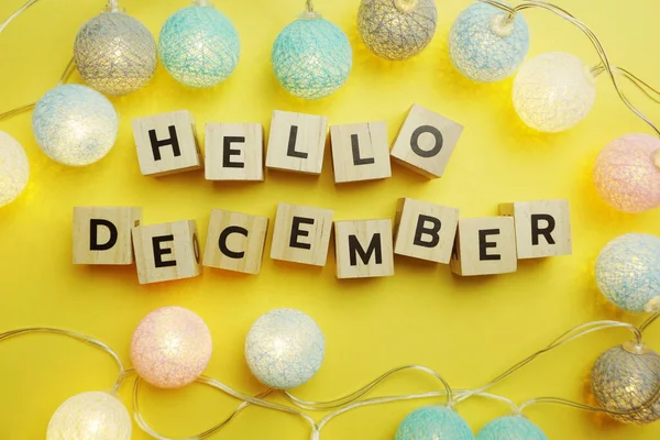 Hello December Letter Led Cotton Ball Decoration Yellow Backg — 스톡 사진