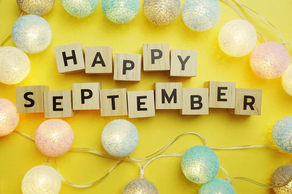 Happy September Alfabet Brief Met Led Katoen Bal Decoratie Gele — Stockfoto