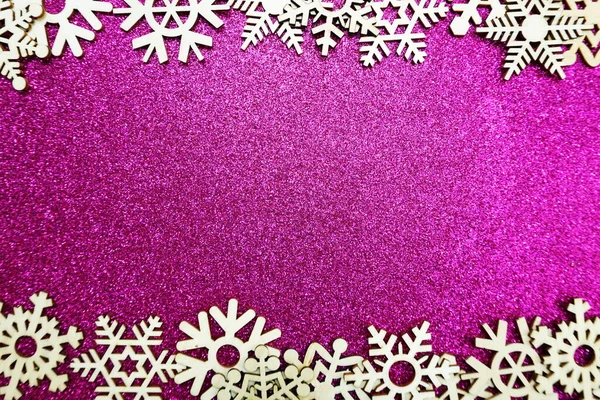 Ξύλινο Πλαίσιο Περίγραμμα Νιφάδων Χιονιού Ροζ Φόντο Glitter — Φωτογραφία Αρχείου