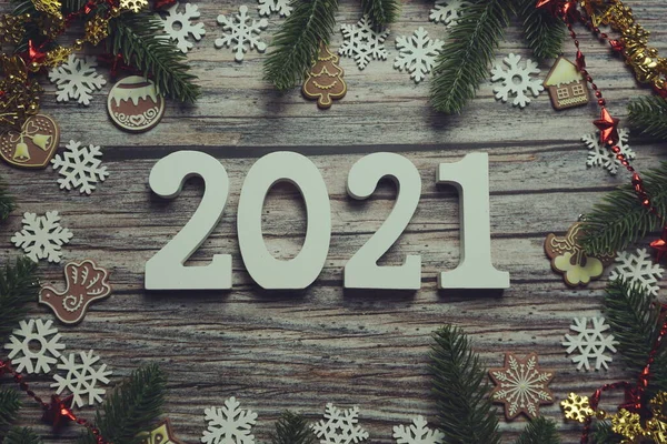 2021 Felice Anno Nuovo Decorazione Natale Sfondo Legno — Foto Stock