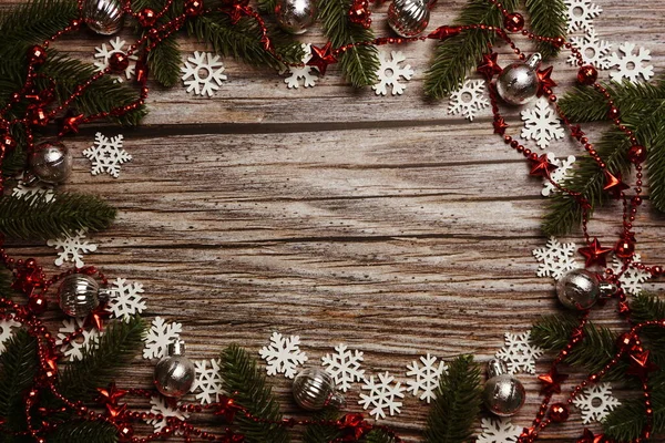 Weihnachten Und Neujahr Feiertage Hintergrundkomposition Auf Holzgrund — Stockfoto