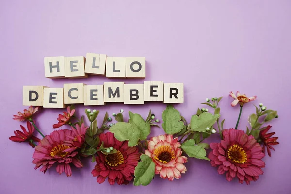 Hallo Dezember Alphabet Buchstaben Mit Rosa Blumendekoration Auf Lila Hintergrund — Stockfoto