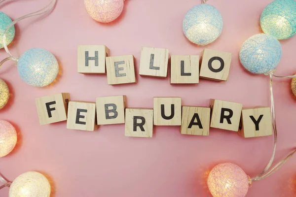Hello February Alphabet Letter Space Copy Pink Background — Stock Photo, Image