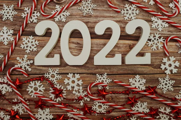 2022 Feliz Año Nuevo Decoración Navidad Sobre Fondo Madera — Foto de Stock