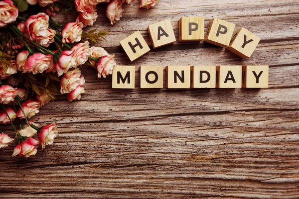 Happy Monday Alphabet Letters Flower Decoration Wooden Background — Stock Photo, Image