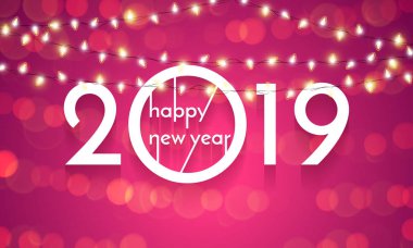 Mutlu yeni yıl Noel lambalar yanar. Altın ışıltılı metin ışıltı Parlatıcı 2019 Yılbaşı tatil tebrik kartı üzerinde pembe bir arka plan ile vektör